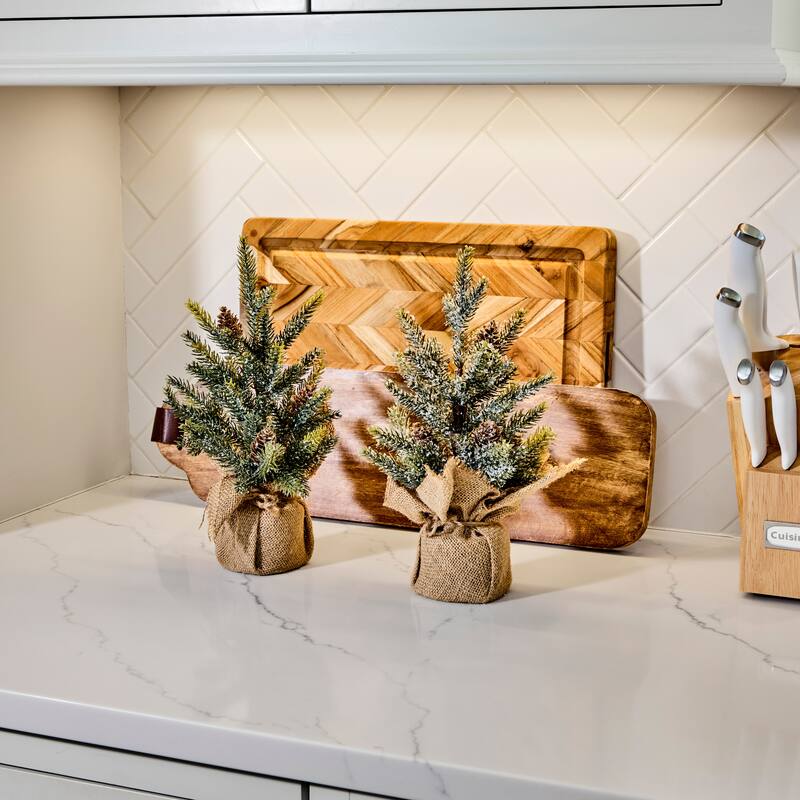 12" Faux Snow Frost Pine Tree In Burlap