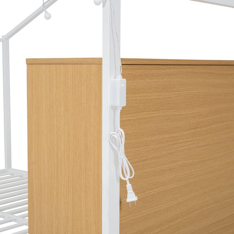 White Full Size Metal Wood House Bed Frame with Shelves and Lights for Kids