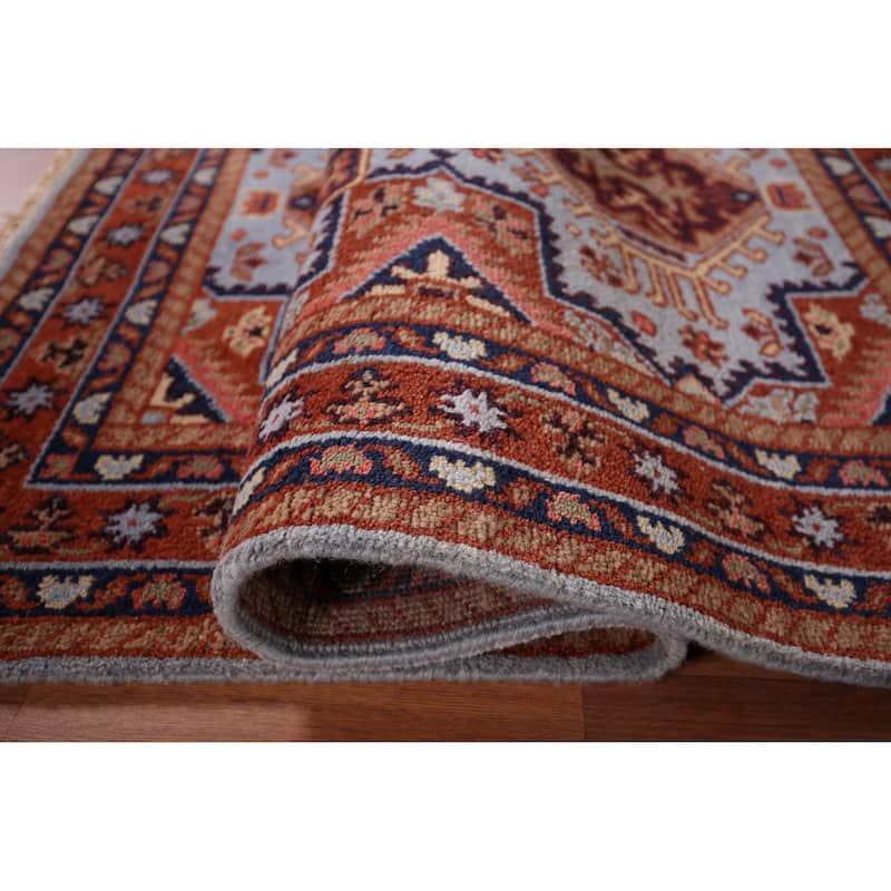 Light Blue Geometric Kazak Oriental Accent Rug Handmade Wool Carpet - 4'0" x 5'11"