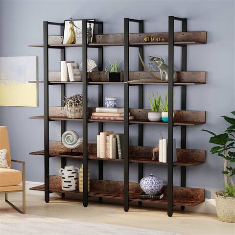 Industrail Brown Wood 5-Tiers Large Wide Etagere Bookcase Bookshelf with Back Fence,5-Shelf Display Rack
