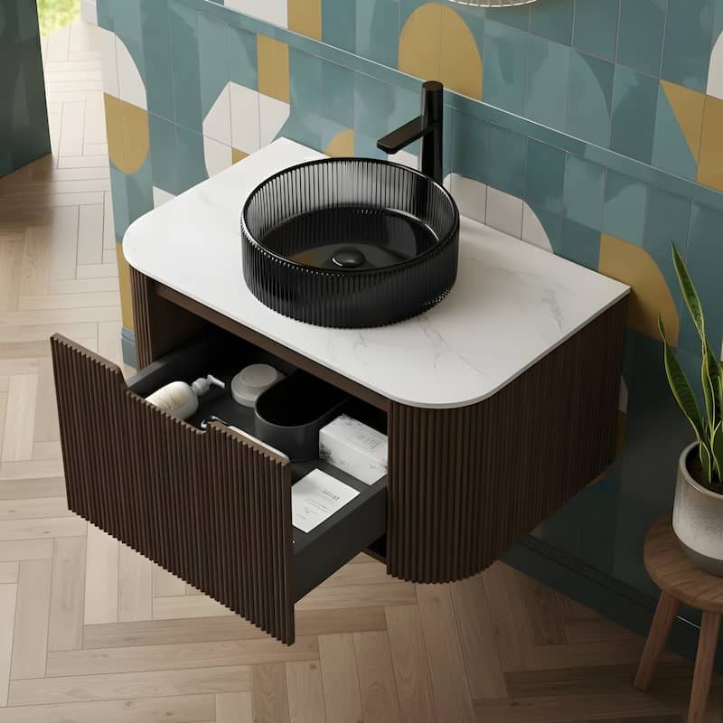 Wall Mounted Bathroom Vanity with Transparent Black Round Glass Basin