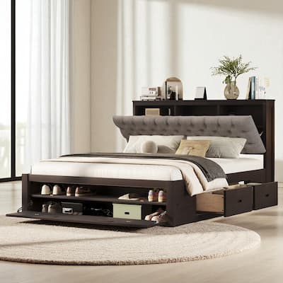 Queen Size Wooden Platform Bed with Upholstered Headboard, 4 Drawers, Storage Shelves & Shoe Rack