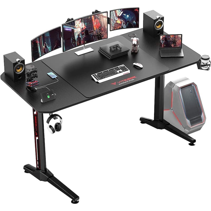 BOSSIN Ergonomic Gaming Desk T-Shaped Office PC Computer Desk with Full Desk Mouse Pad, Handle Rack, Cup Holder Headphone Hook - Black-63inch