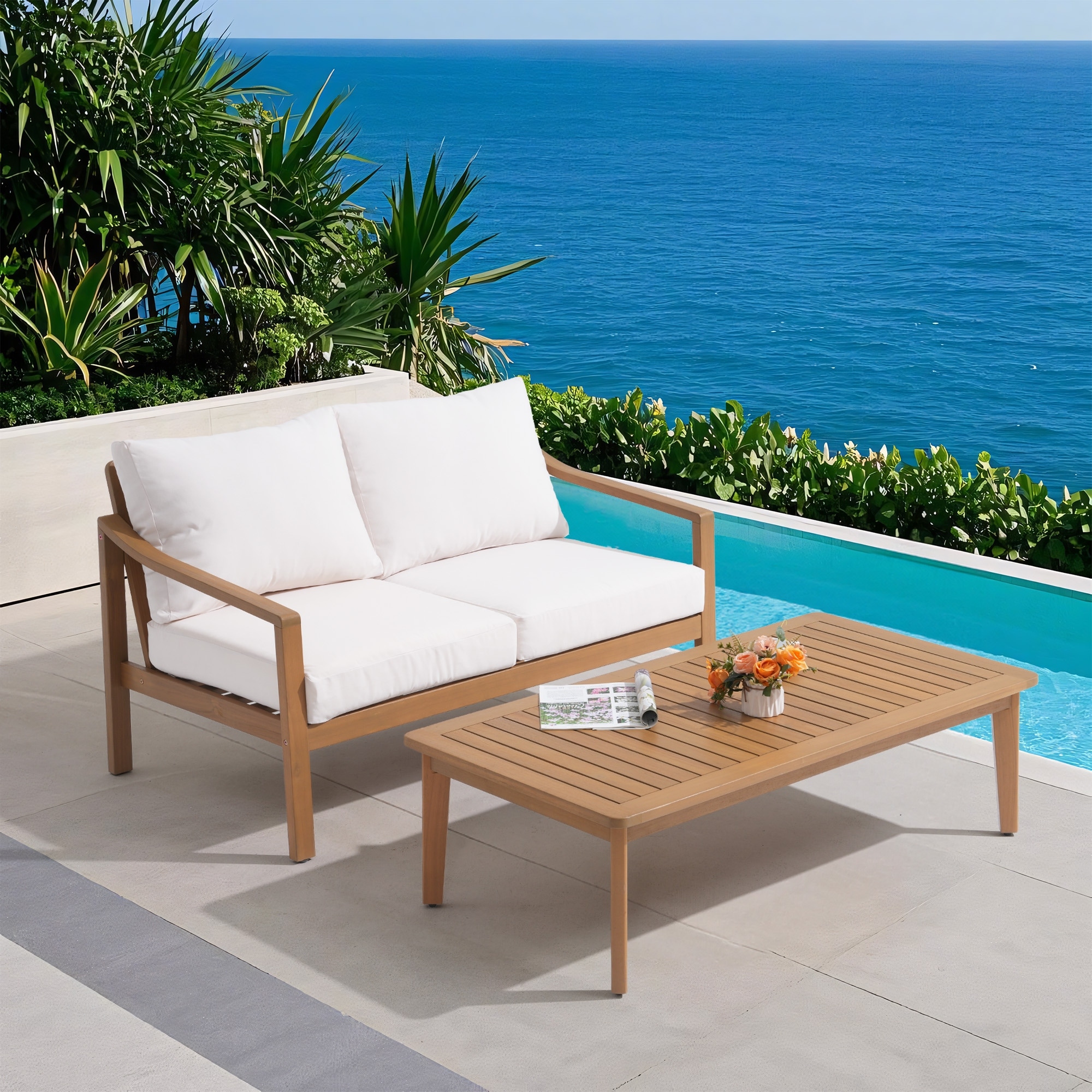 Outdoor Solid Wooden Double Chair with Coffee Table Set