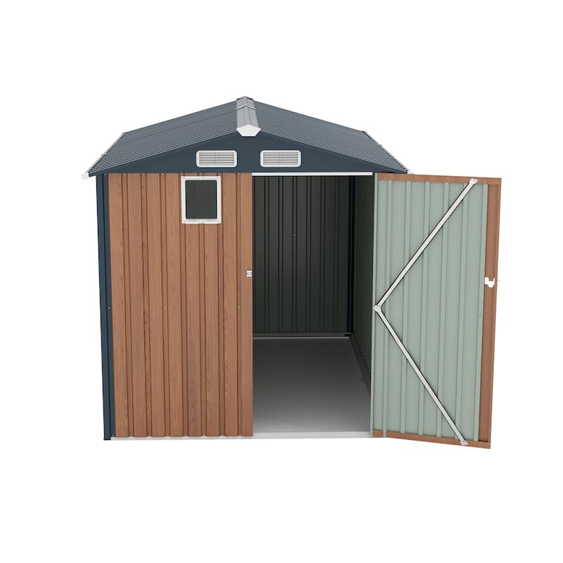 6x8FT Outdoor Steel Storage Shed, Lockable Doors, Compact Metal Tool Shed - Brown
