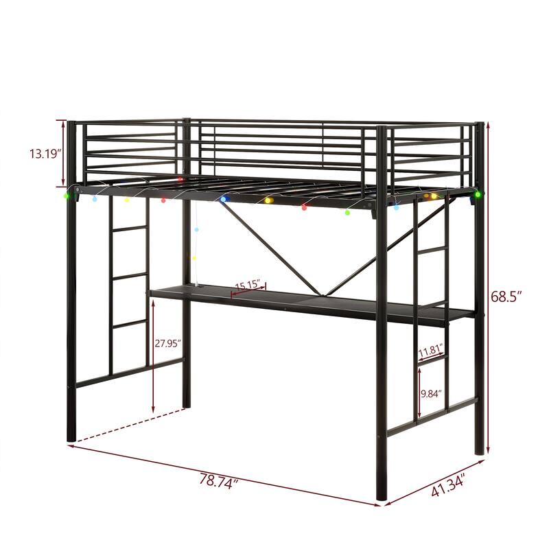 Twin Metal Loft Bed with Desk, Power Outlet, LED Lights, Safety Guard Rails, and Ladder, Black