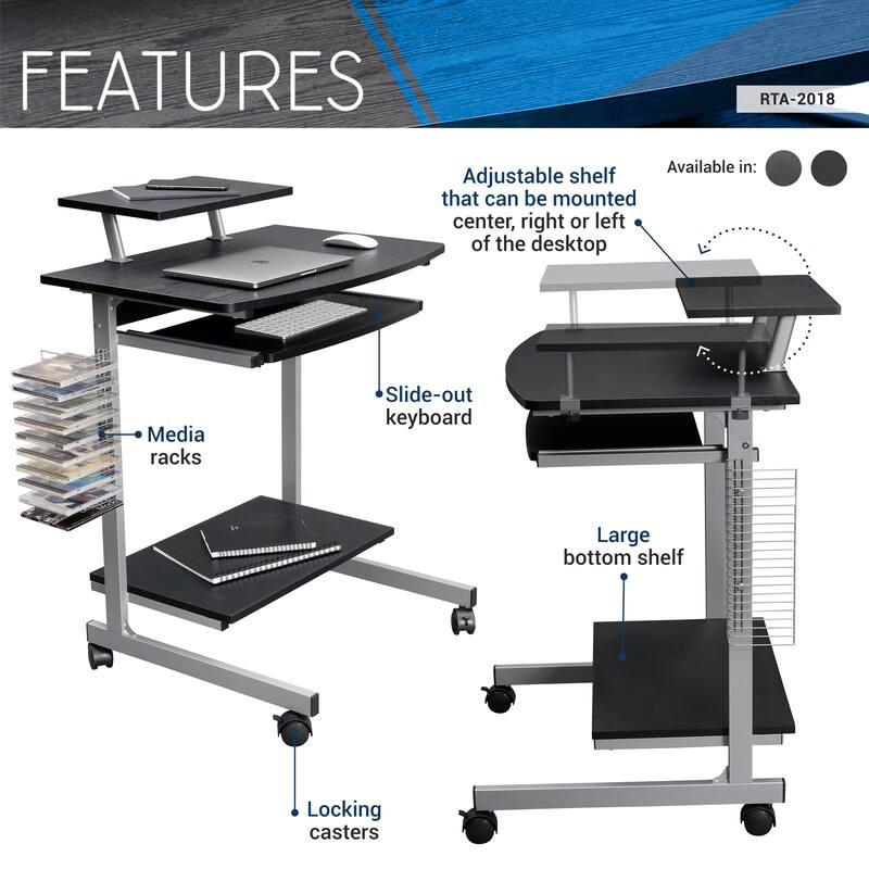 All-in-One Computer Workstation with Media Rack, Locking Casters, and Moisture-Resistant Laminate Finish