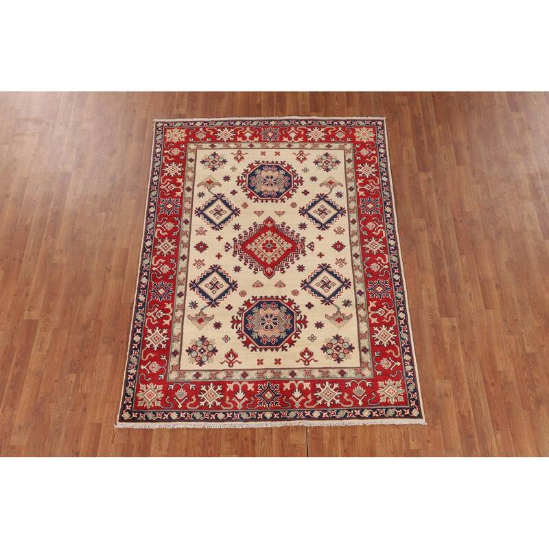 Geometric Beige Kazak Oriental Area Rug Handmade Wool Carpet - 5'0" x 6'8"