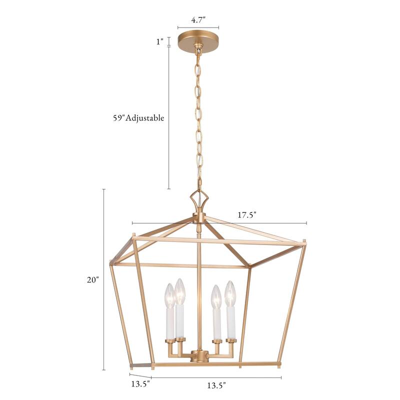 Modern Glam Gold 4-Light Geometric Lantern Cage Chandelier for Foyer - L17.5"*W17.5"*H20"