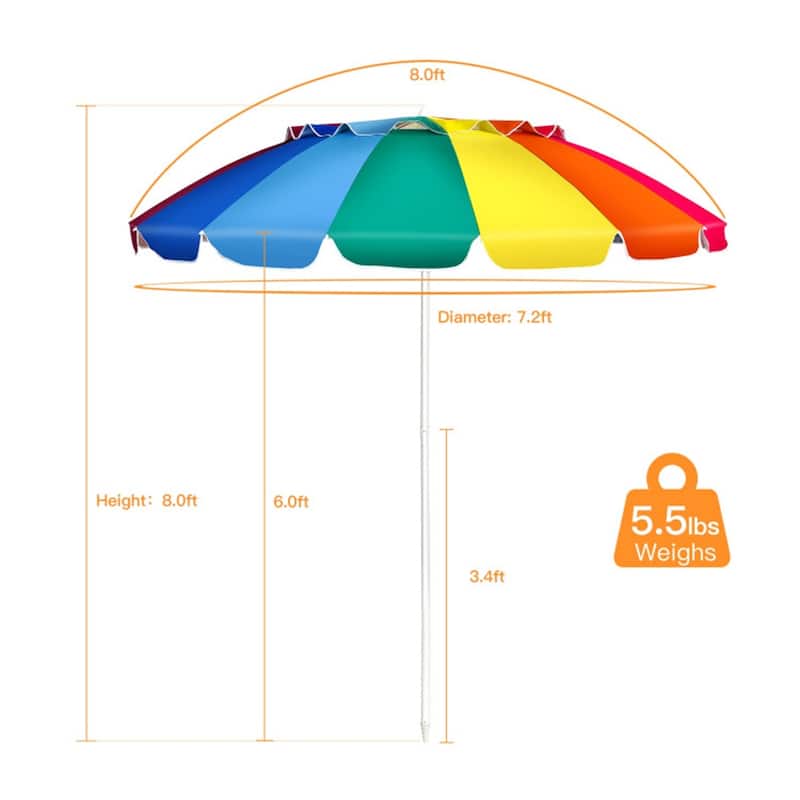 Large 8ft Beach Umbrella with Tilt and 16 Fiberglass Ribs for Beach or Patio Carry Bag Included