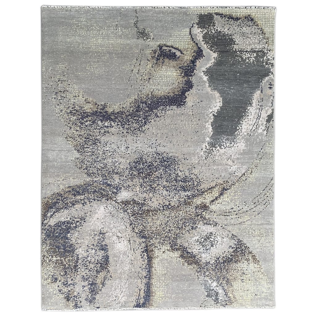 Gray Hand Knotted Wool Rug, 8' x 10', Soft Cozy Statement Rug - L