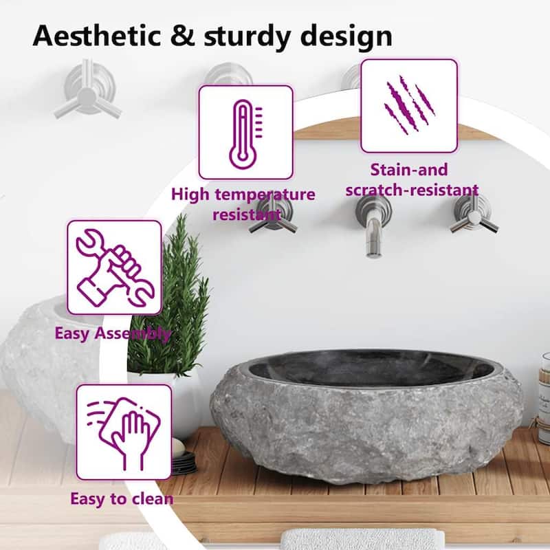 vidaXL Bathroom Basin, Ø15.7x4.7 Inches, Marble Round - 15.7"x4.7"