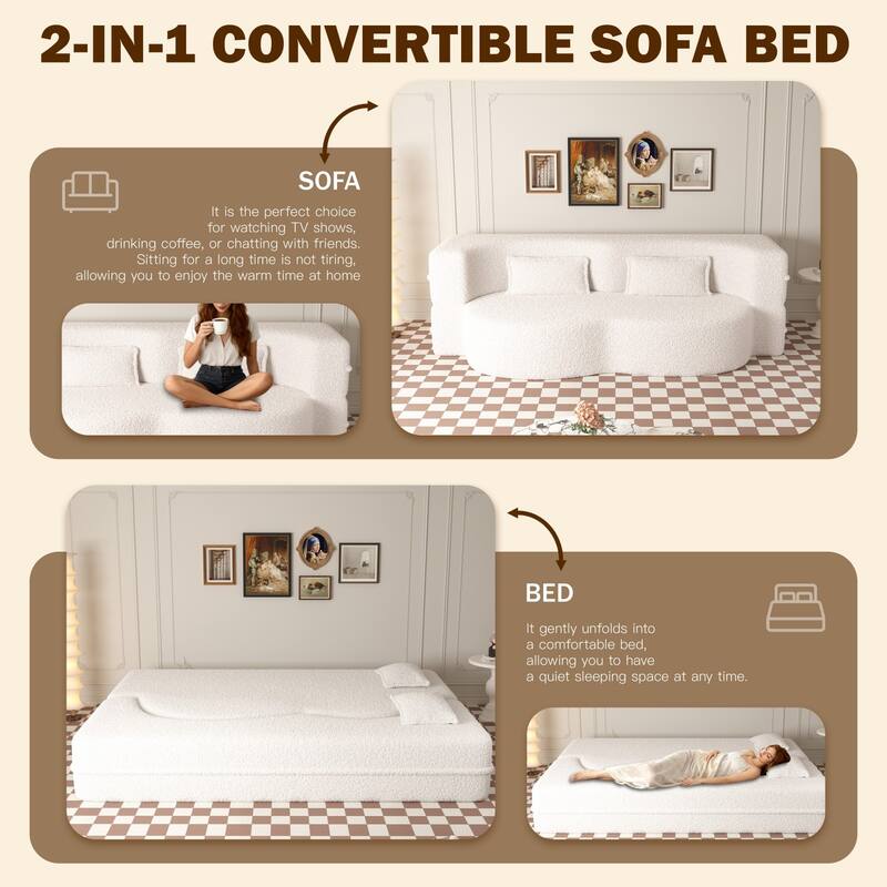 78" Convertible Teddy Fabric Sofa with 2 Pillows, No Assembly Required