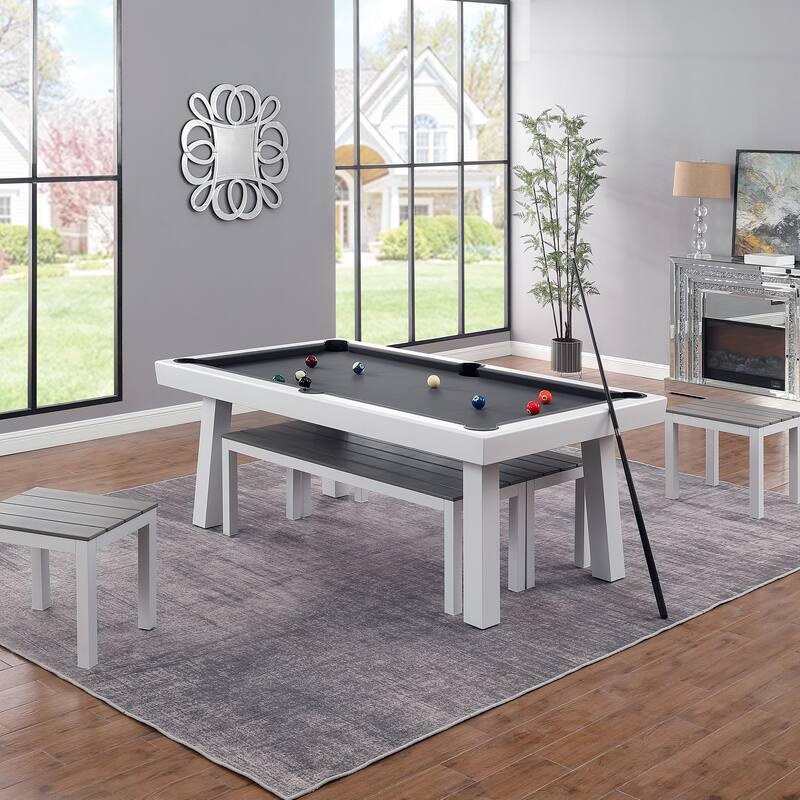 Newport Outdoor Patio 7ft Slate Pool Table 6-Seater Dining Set with 4 Benches & Accessories, White Finish