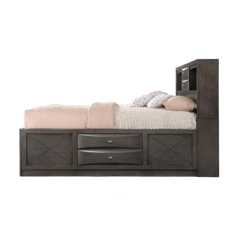 Wooden Queen Size Bed with Bookcase and Drawers in Gray
