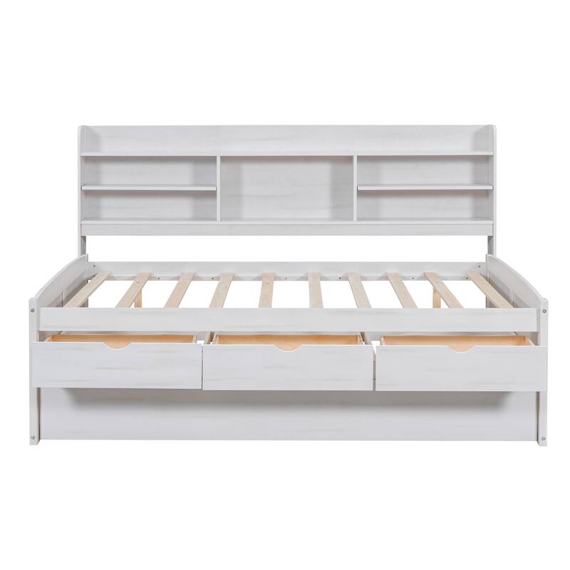 Full Size Wooden Bed with Bookcase Headboard, Three Storage Drawers, and Trundle for Space-Saving Design