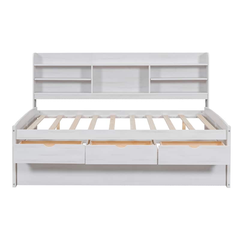 Full Size Wooden Captain Bed with Bookshelves, 3 Storage Drawers, and Trundle