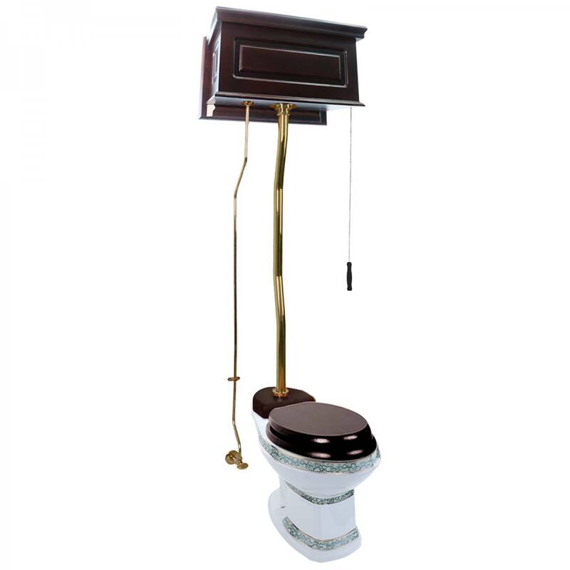 High Tank Pull Chain Toilet Dark Oak Wooden Raised Tank 59" to 74" Brass Z Pipe and Elongated White Bowl Renovators Supply