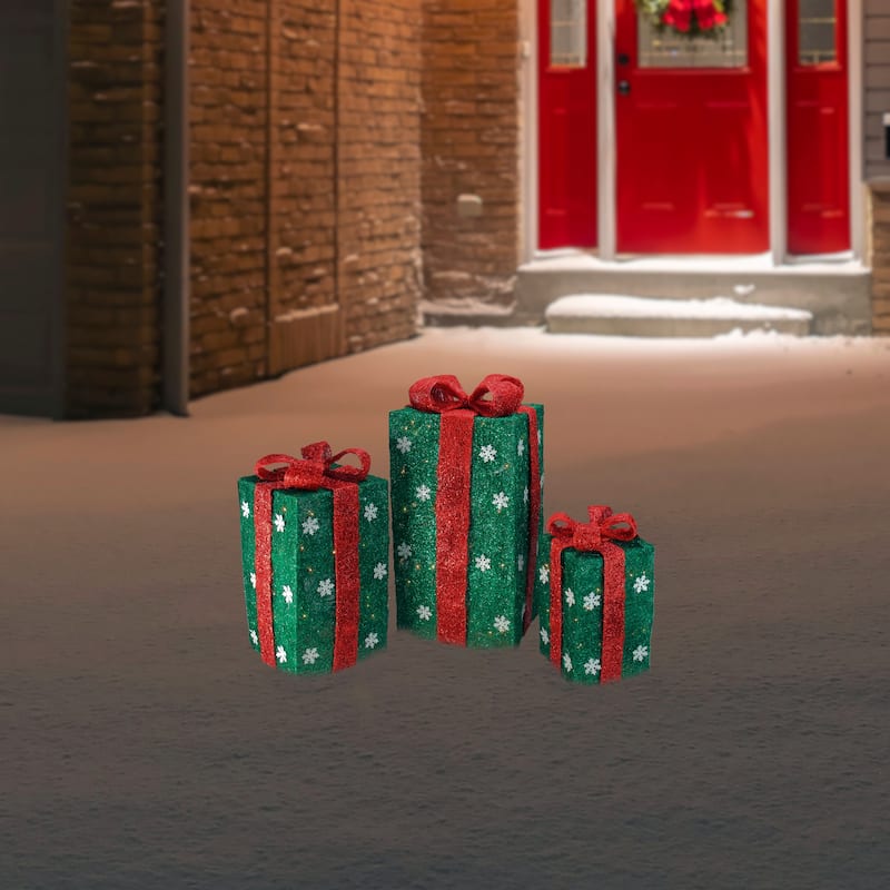 3 Lighted Tall Green Gift Boxes Red Bows Christmas Decorations 18"