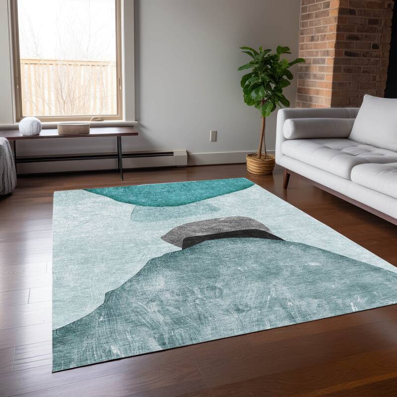 Machine Washable Indoor/ Outdoor Modern Abstract Chantille Rug - Teal - 10' x 14'