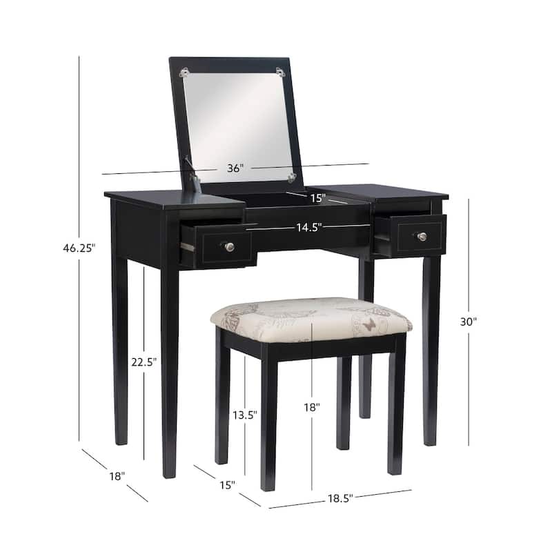 Linon Drochia Black Vanity Table with Mirror and Stool