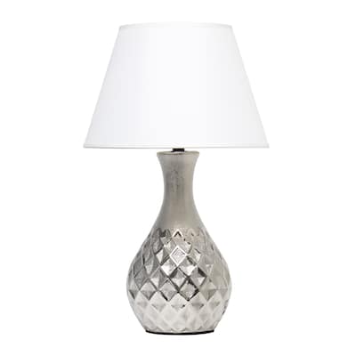 20.47" Metallic Silver Ceramic Table Lamp with Push Pin Switch and Fabric Shade 60W Max Light Fixture