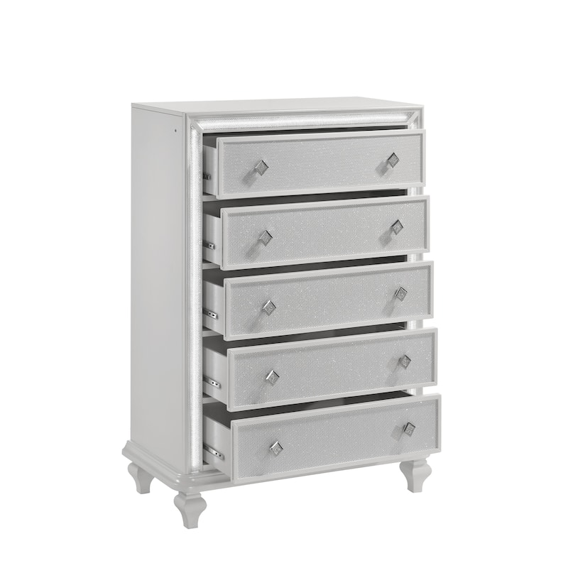Stacy Tall Dresser Chest with 5 Drawers and LED Lights, White Wood