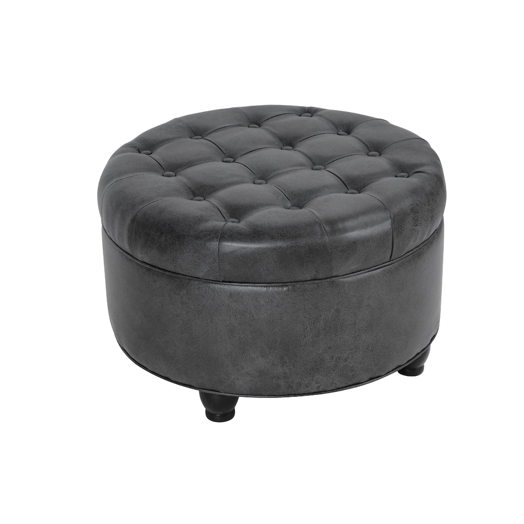 Gery 25 Inch Round Storage Ottoman with Tray Top, Dark Gray Faux Leather