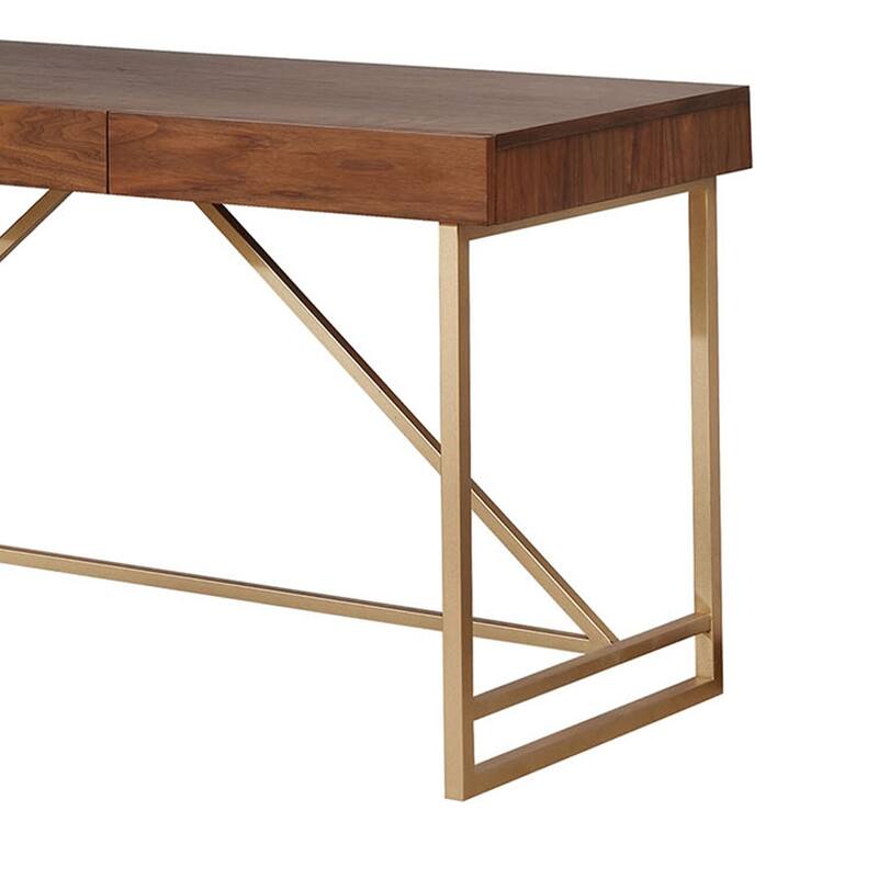 Modern Writing Desk with Drawers - Rustic Wooden Desk, Stylish Home Office Furniture, Walnut Brown & Gold Finish