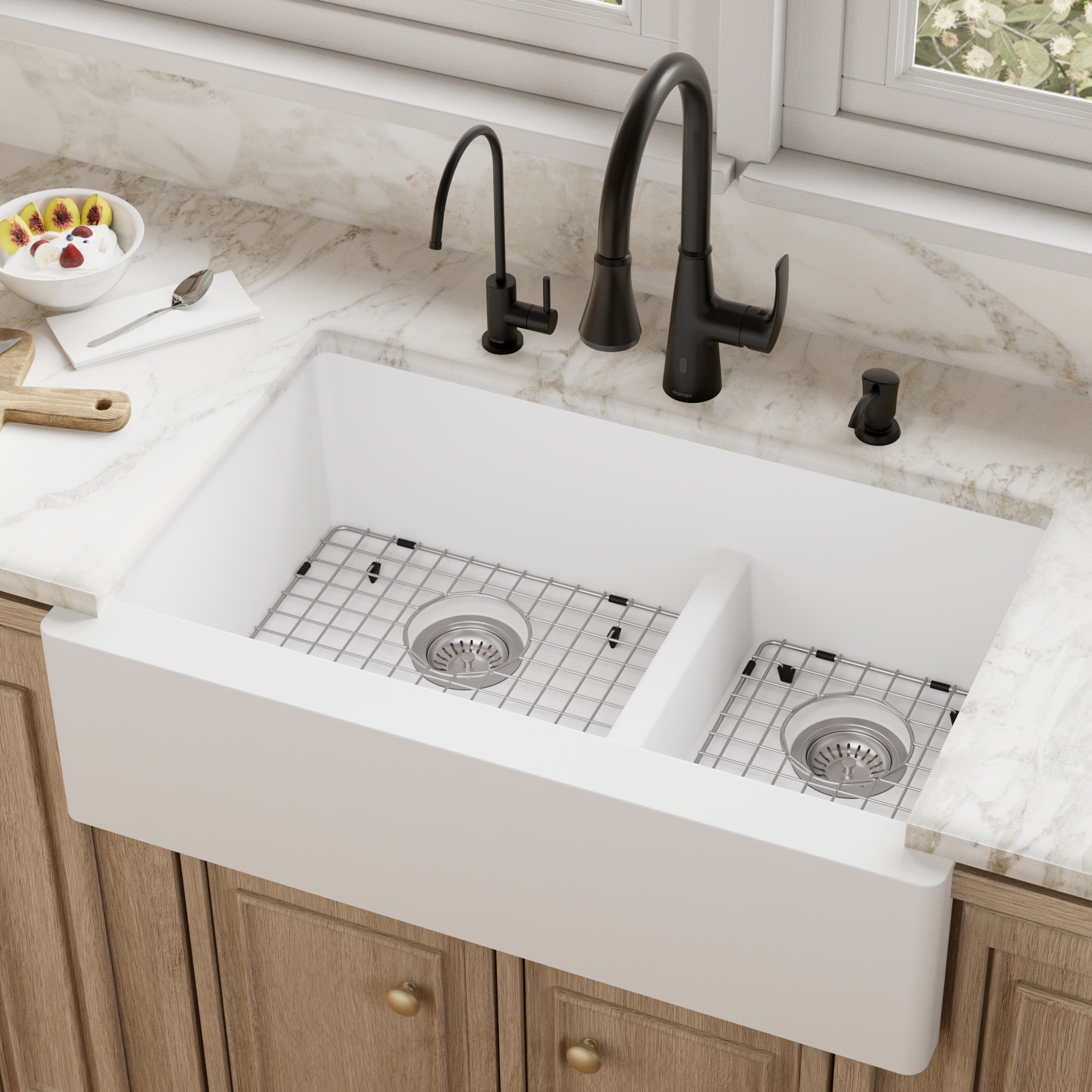Karran Farmhouse/Apron-Front Quartz Double Bowl Kitchen Sink Kit