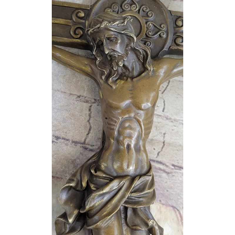 Wall Mount Hanging Bronze Crucifix Sculpture Jesus On Cross Christian Decor 20 Inches X 14 Inches