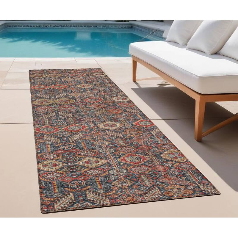 Paro Botanic Elegance Weather Resistant Classic Meets Modern Outdoor Rug - 8' Runner - Red/Blue