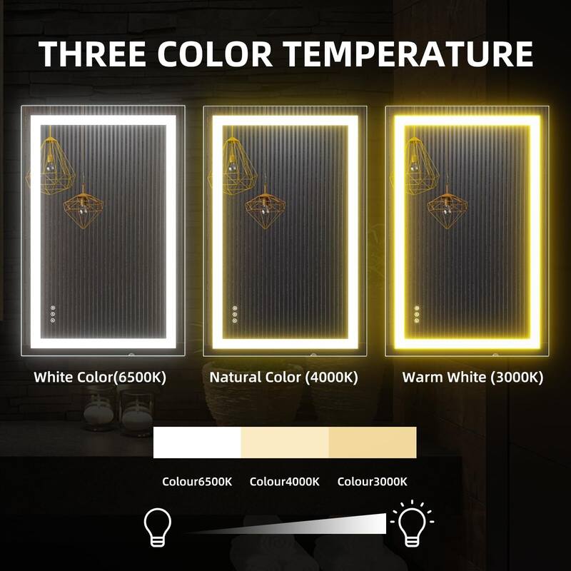 LED Bathroom Mirrorwith Front and Backlight, Stepless Dimmable Wall Mirrors with Anti-Fog