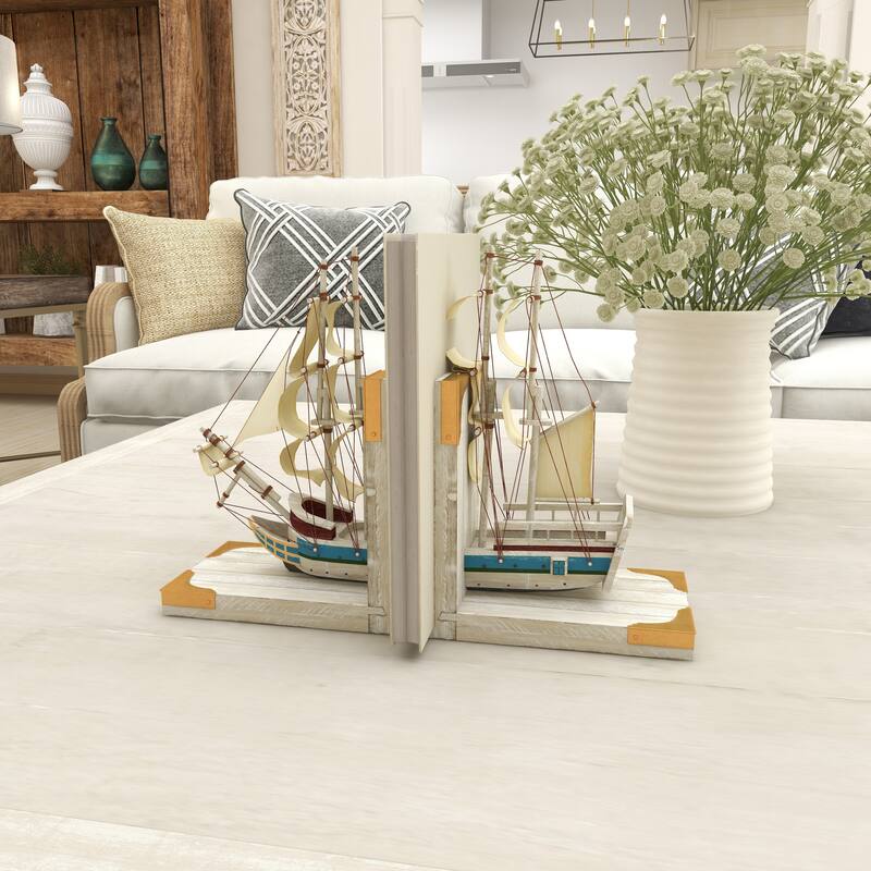 White Wood Sail Boat Decorative Bookends with Real Boat Rigging and Gold Corners (Set of 2)