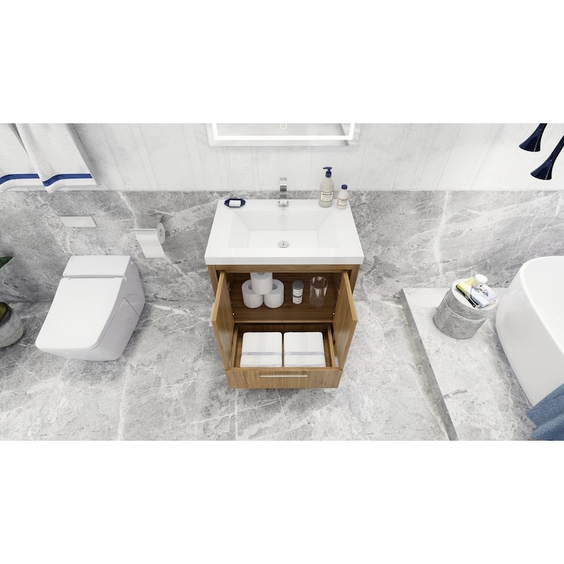 dolce 30 natural oak finish freestanding bath vanity with single basin reinforced acrylic top