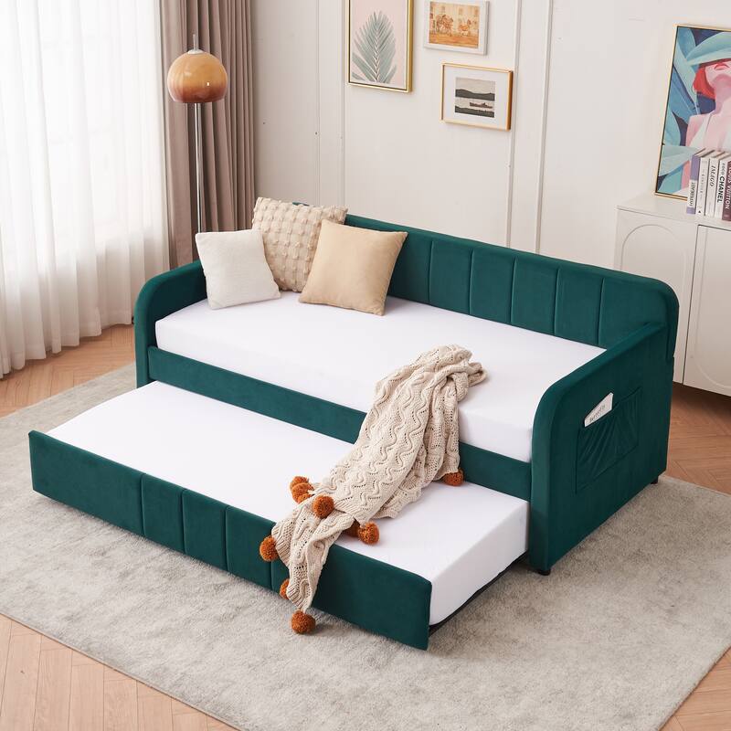 Twin Size Velvet Upholstered Daybed, Wood Sofa Bed Frame Daybed Couch with Trundle Bed and Wood Slat - Emerald