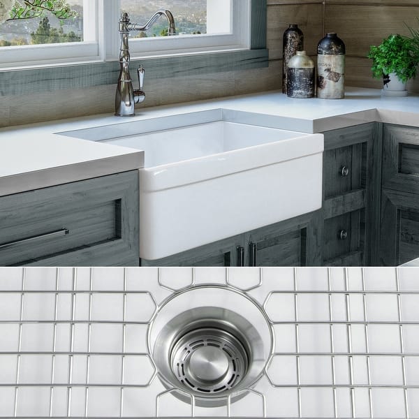 slide 2 of 19, Fossil Blu 30-Inch SOLID Fireclay Farmhouse Sink in White, Stainless Steel Accessories, Belted Front - 30 x 20 x 10