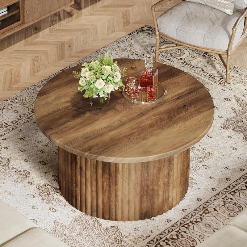 31.5" Round Coffee Table, Farmhouse Circle Center Table with Fluted Drum Base & Wooden Grain Veneer Top