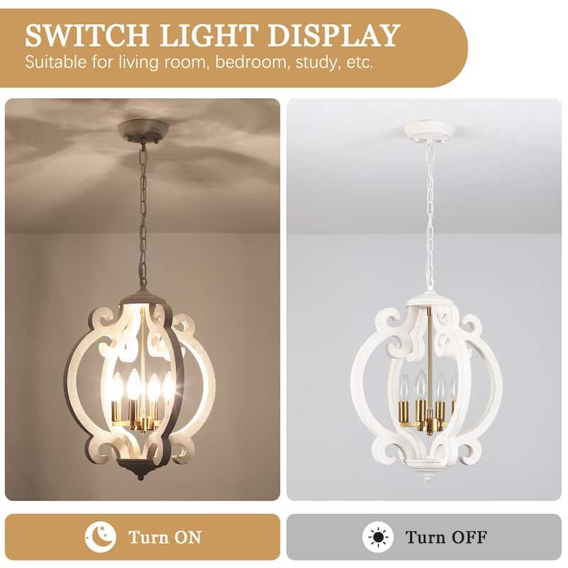 4-Light Antique Wood French Country Chandelier Vintage Pendant for Dining Room