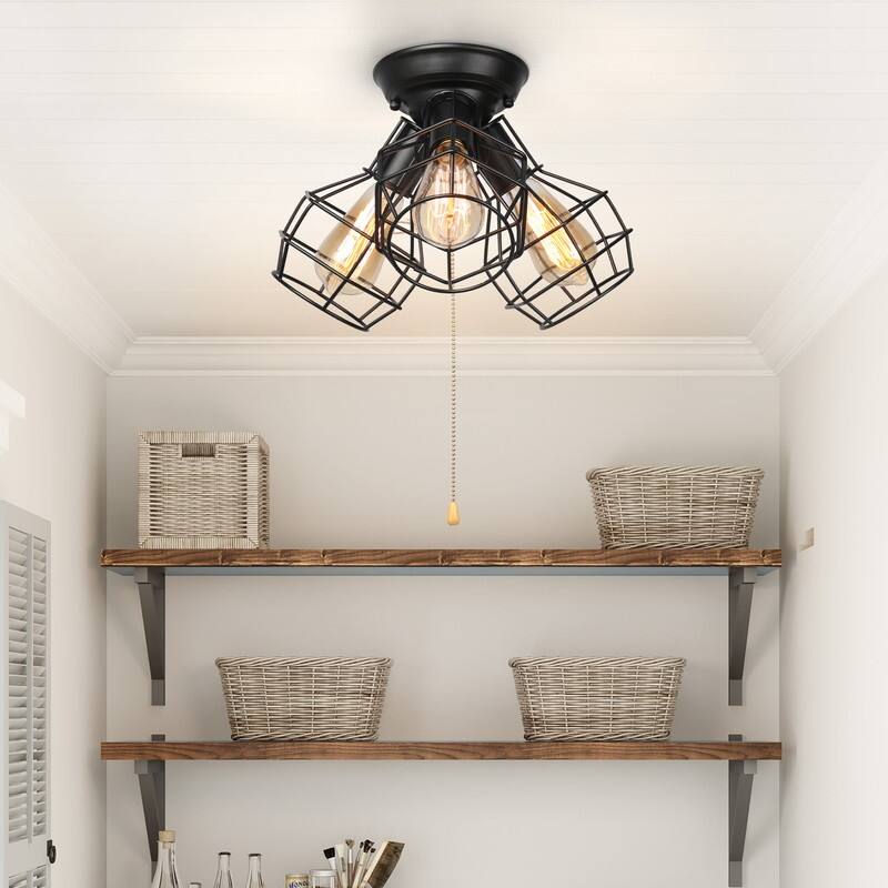 Industrial 3-light Black Cage Semi-flush Mount Lights
