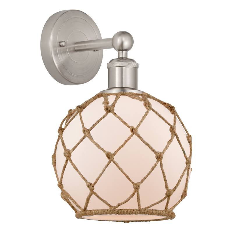 Innovations Lighting 616-1W-13-8 Farmhouse Rope Sconce Farmhouse Rope - Brushed Satin Nickel / White Glass with Brown Rope