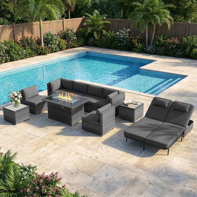 Outdoor Sectional Conversation Set PE Wicker with Double Chaise Lounge, 60,000 BTU Fire Pit Table - 10-Piece/Table - Dark Gray