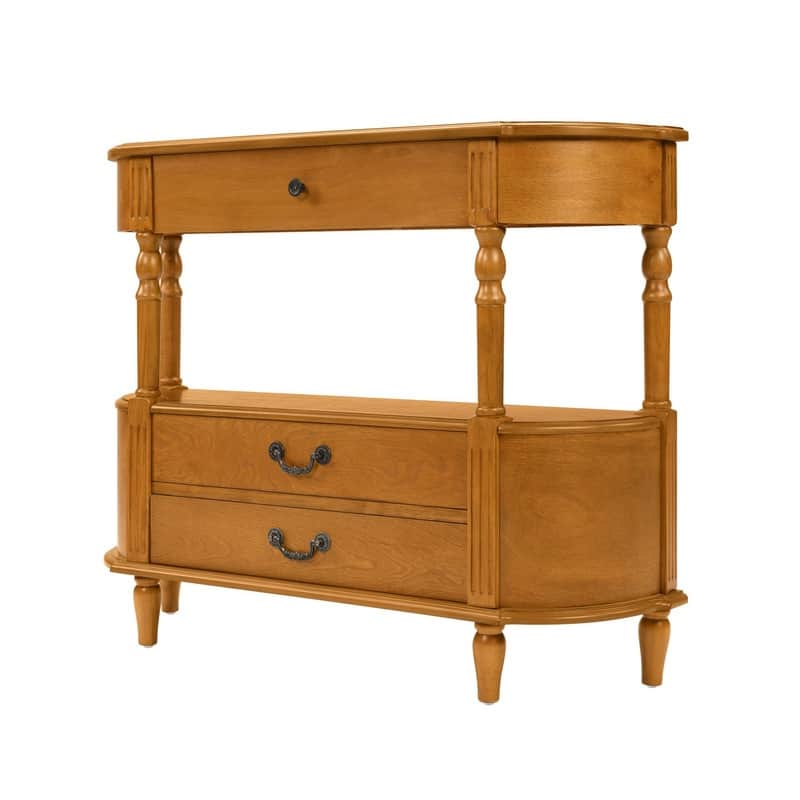 Retro 43" Curved Wood Console Table with 3 Drawers and Open Shelf, Sofa Table Behind Couch for Living Room and Hallway Storage
