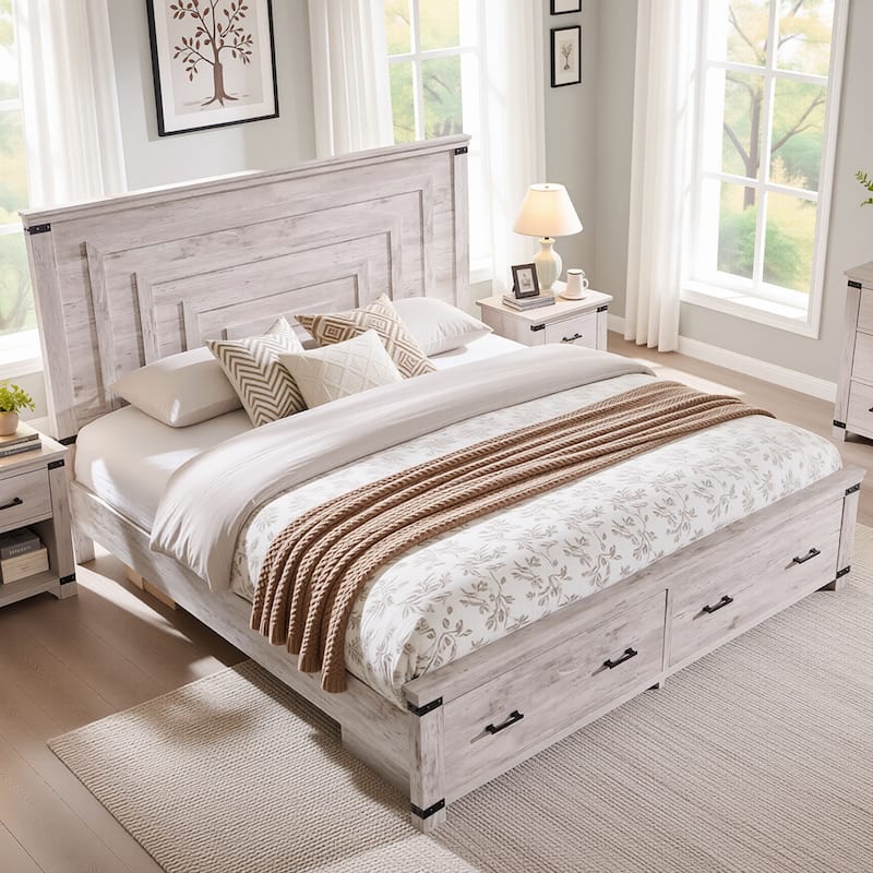 Farmhouse Wood Bed Frame with 54" Tall Headboard, 2 Large Drawers - Antique Brush White - King