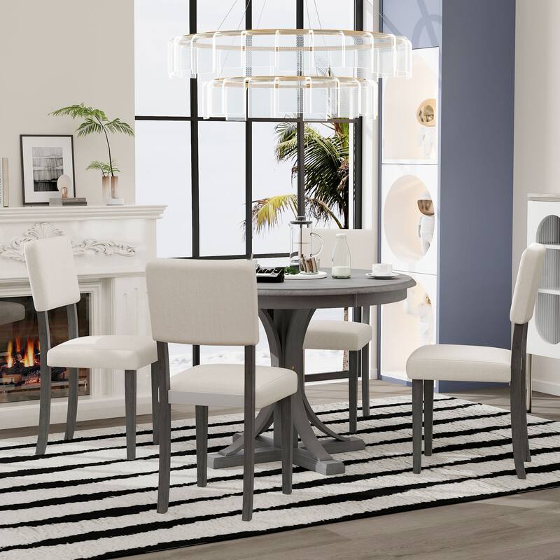 Dark Gray Round Dining Table with Curved Trestle Legs, 5-Piece Dining Table and Chairs Set, Four Upholstered Chairs