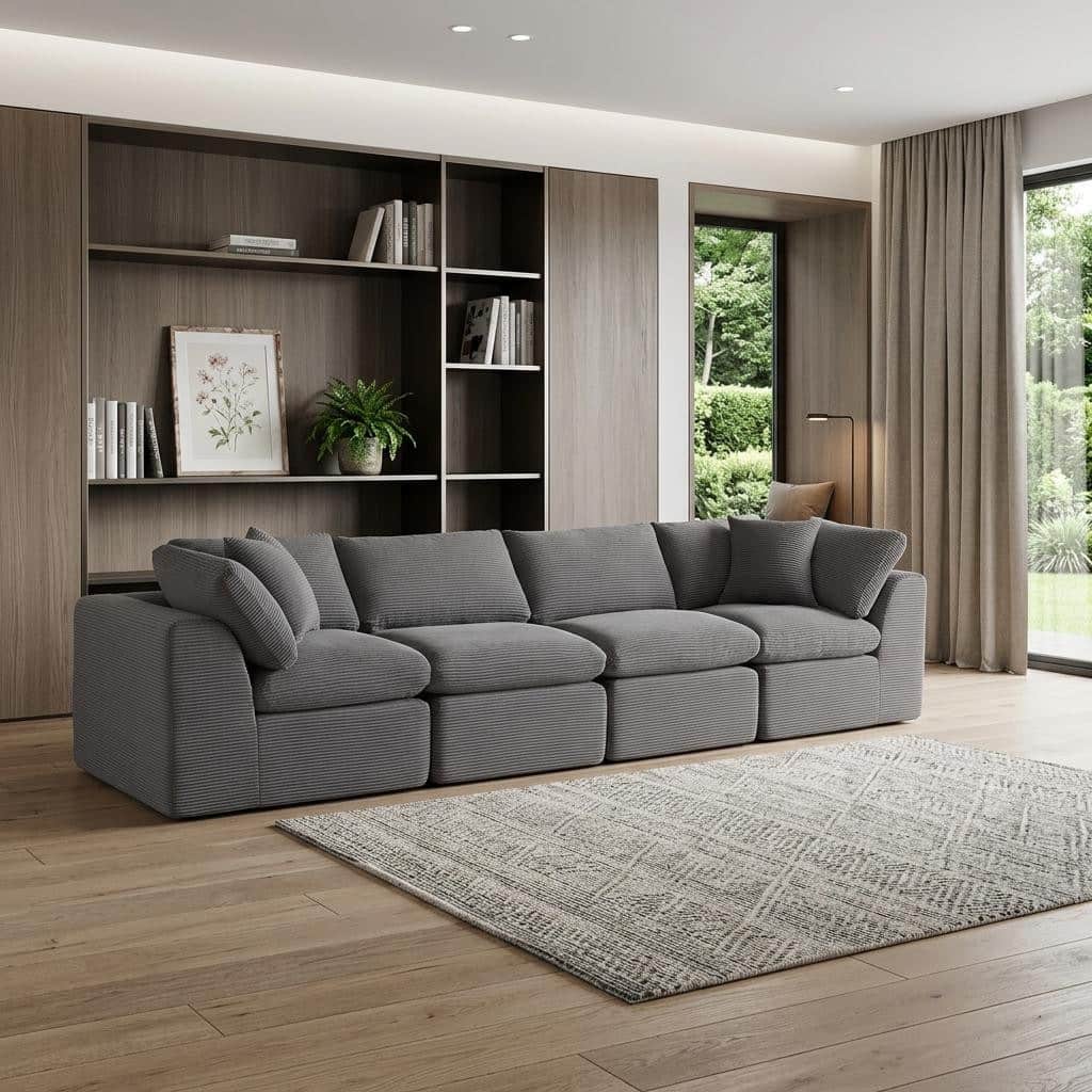 HomeRoots 138" Dark Gray Corduroy Modular Sofa With Toss Pillows