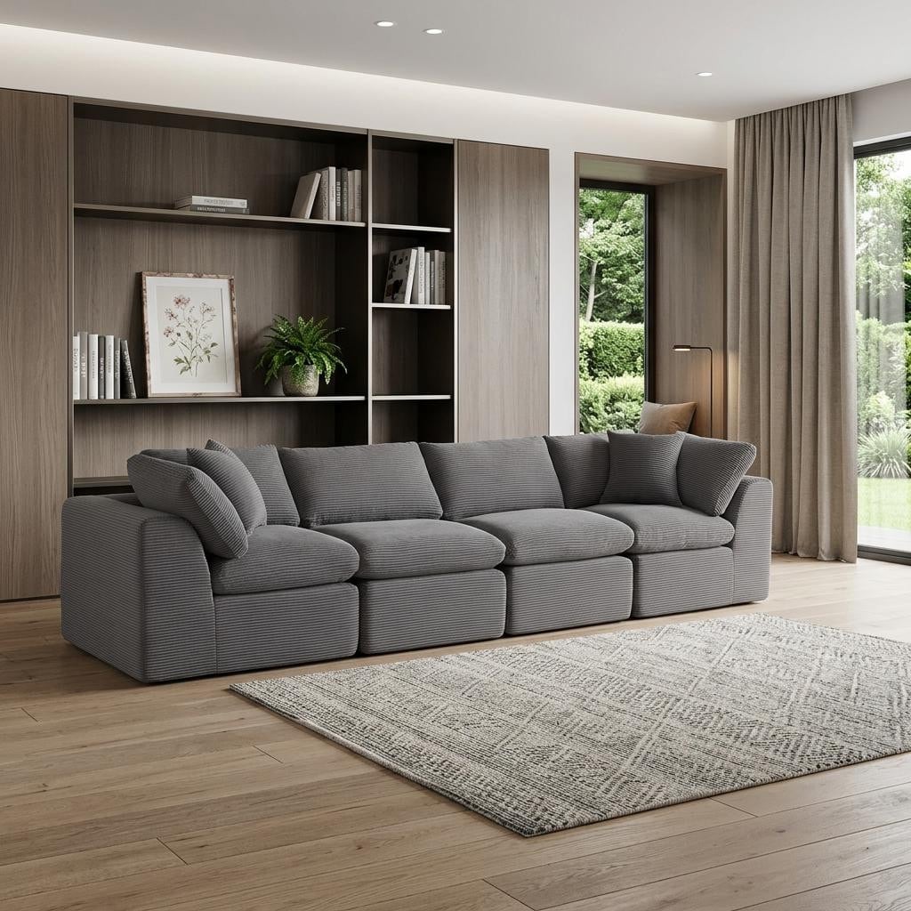 HomeRoots 138" Dark Gray Corduroy Modular Sofa With Toss Pillows