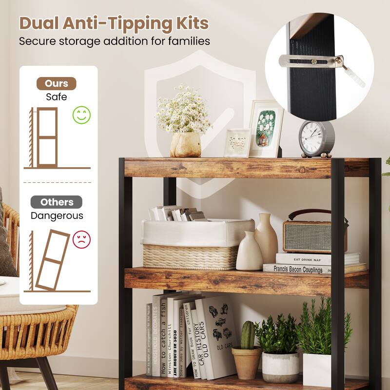 Gymax 3 Tier Bookshelf Wooden Bookcase w/ Dual Anti-Tipping Kits Open