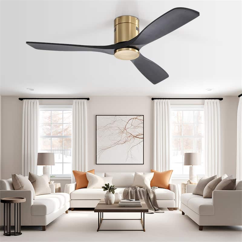 52" Flush Mount Ceiling Fan without Light,Reversible DC Motor,Wood Blades,Gold and Black - 52 Inch