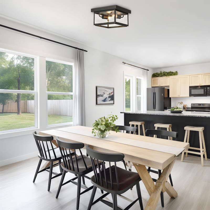 Modern Farmhouse 2-Light Black Flush Mount Glass Patio Outdoor Ceiling Lights - L 11" x W 11" x H 5.1"